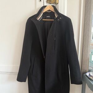 BOSS Men's Black Wool Pea Coat with Stand Collar